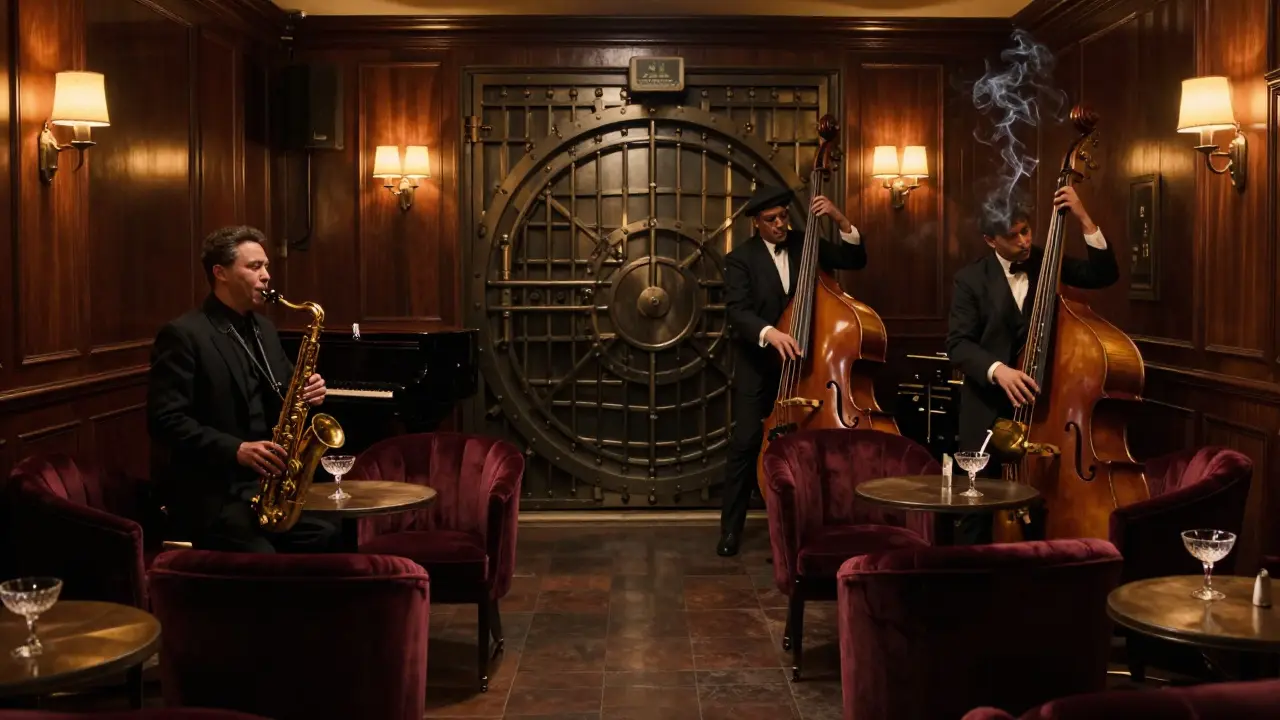 An intimate 1920s vault jazz club with three musicians playing in silence under dim amber lights.