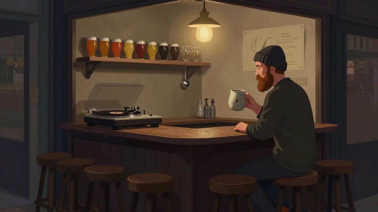 An intimate, dimly lit beer bar with a brewer serving a unique sour ale, vinyl records playing in the background.