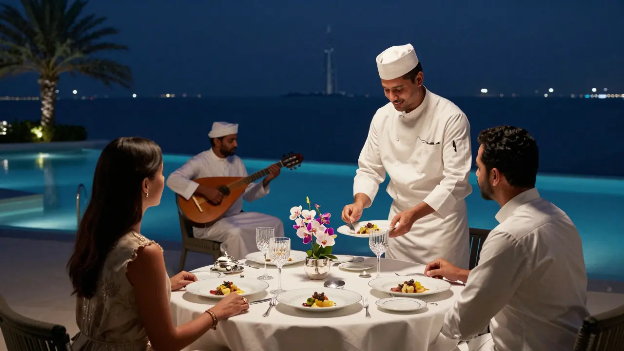 An intimate dinner on a moonlit villa terrace in Dubai, with fine dining, oud music, and the Burj Khalifa glowing in the distance.