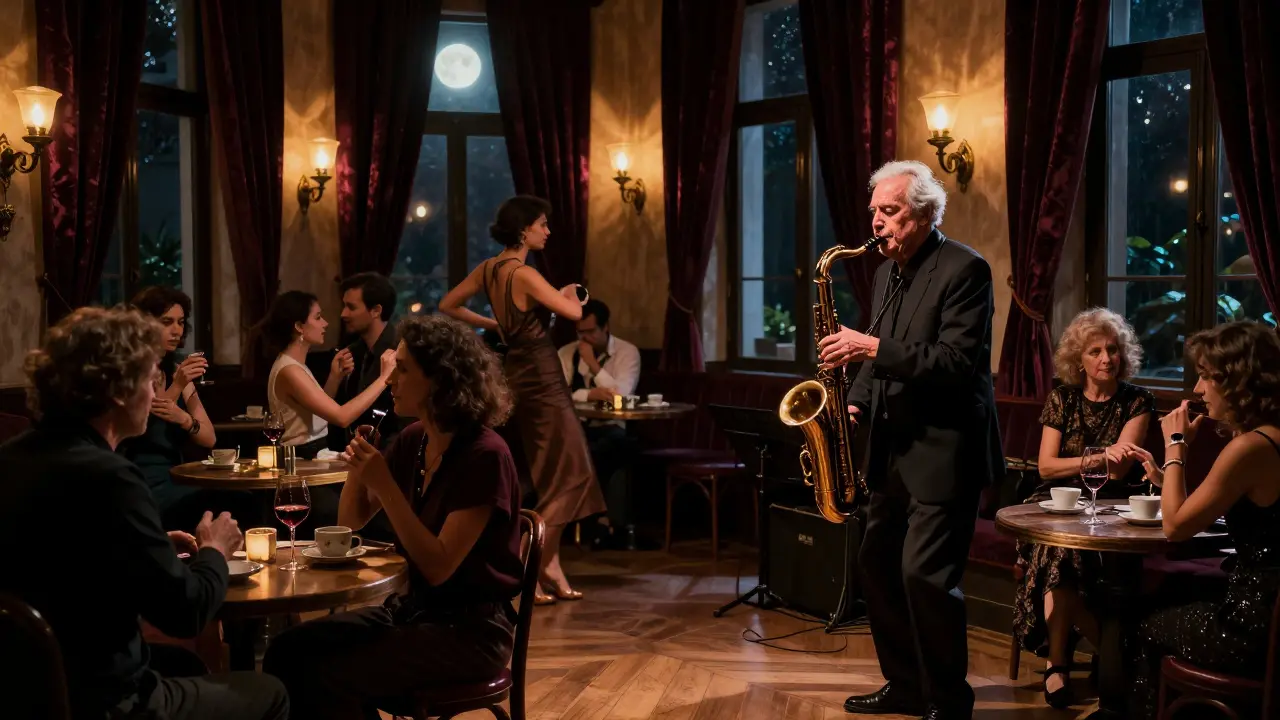 An intimate jazz club in a historic mansion, musicians playing under soft lamplight.
