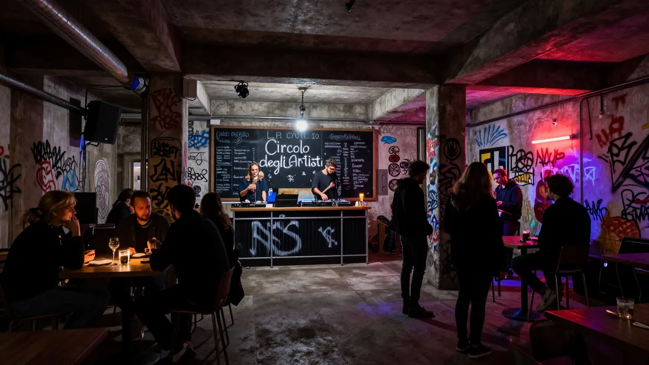 An underground club in Porta Venezia with neon lights, graffiti walls, and a live electronic performance in a raw industrial space.