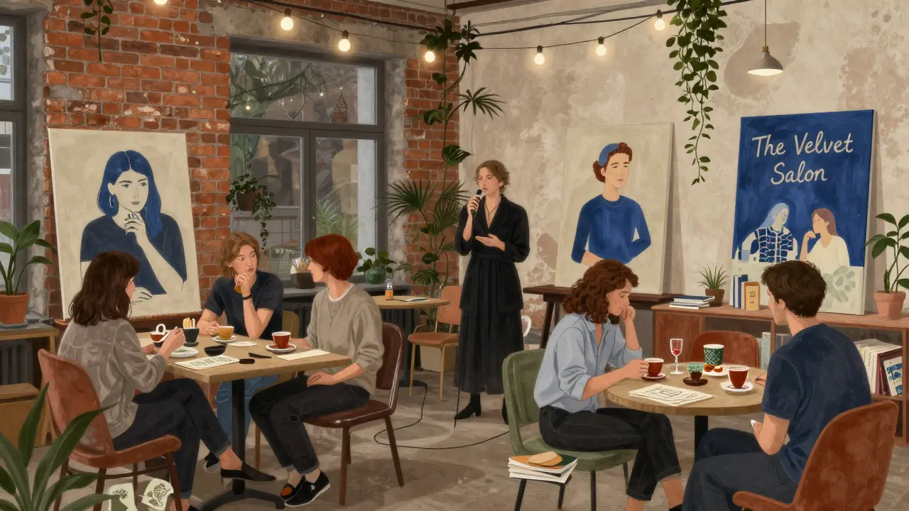 Artists and guests gather in a warehouse space for a silent, intimate event with live painting and poetry.