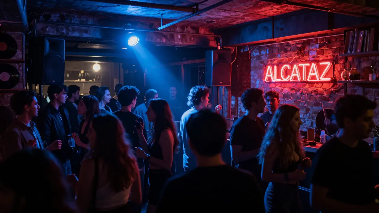 Crowd dancing in an industrial underground club with strobing lights and massive speakers.