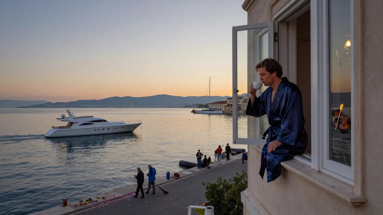 Dawn over Port Hercules as a man sips coffee at sunrise, yacht gently rocking on calm water.