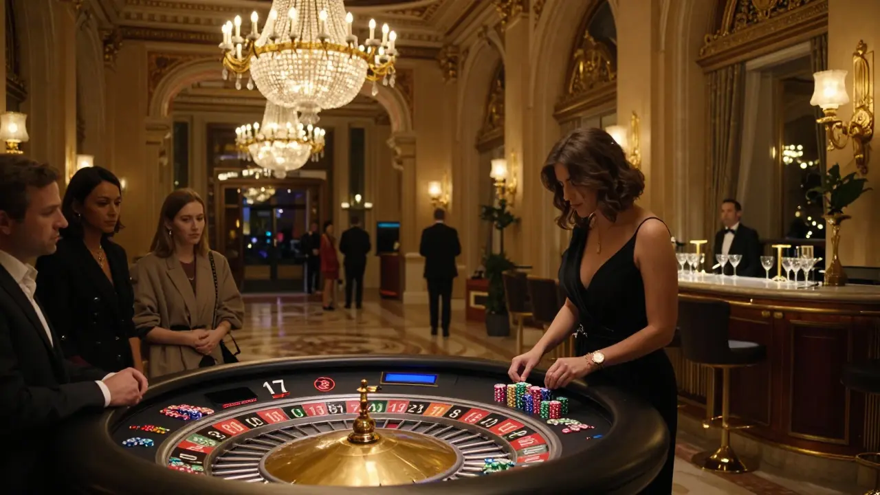 Elegant casino interior with a woman winning at roulette under sparkling chandeliers.