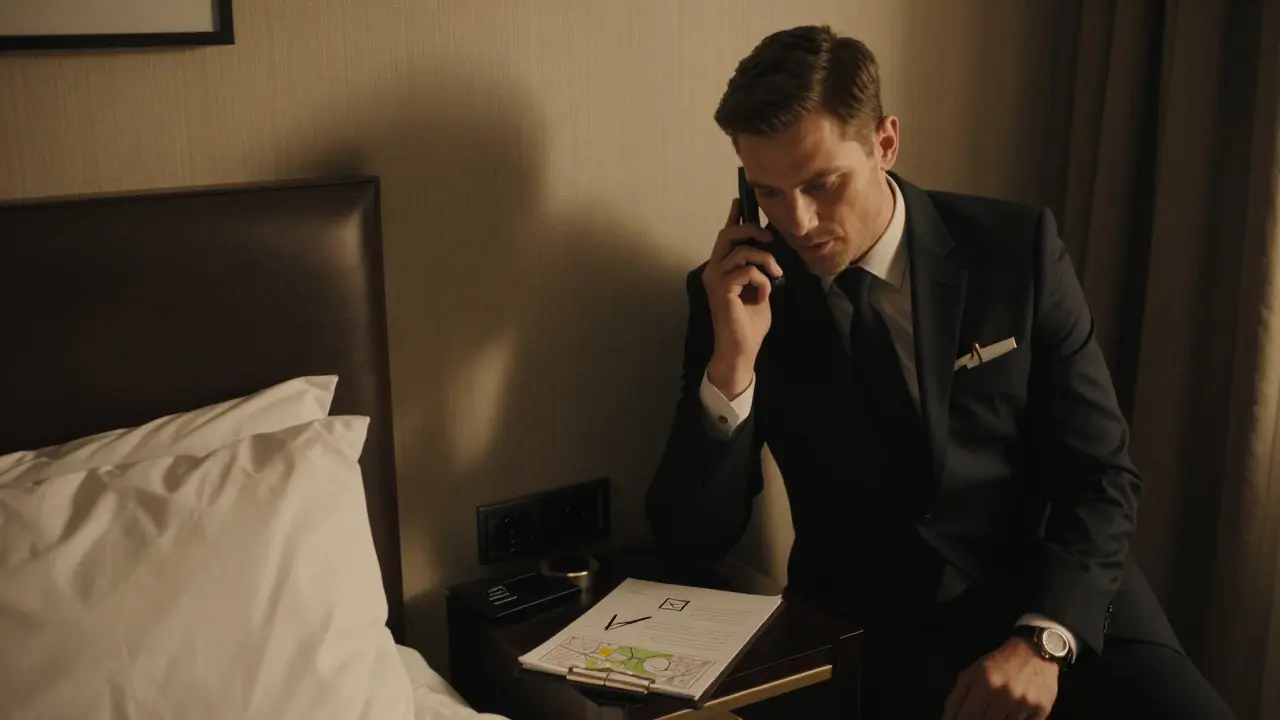 Escort in hotel room on phone call with map and notepad for safety