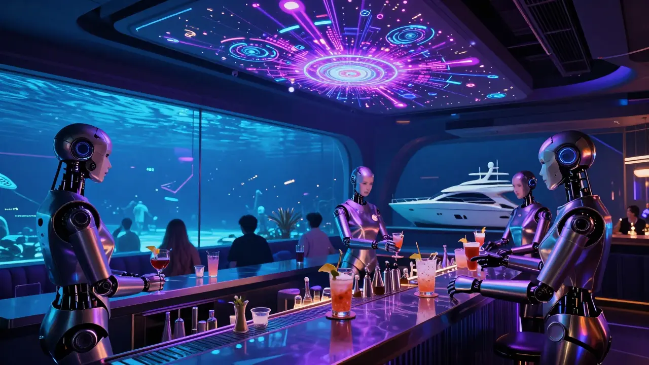 Futuristic robotic bar with holographic DJ and underwater lounge, glowing in serene blue and violet light.