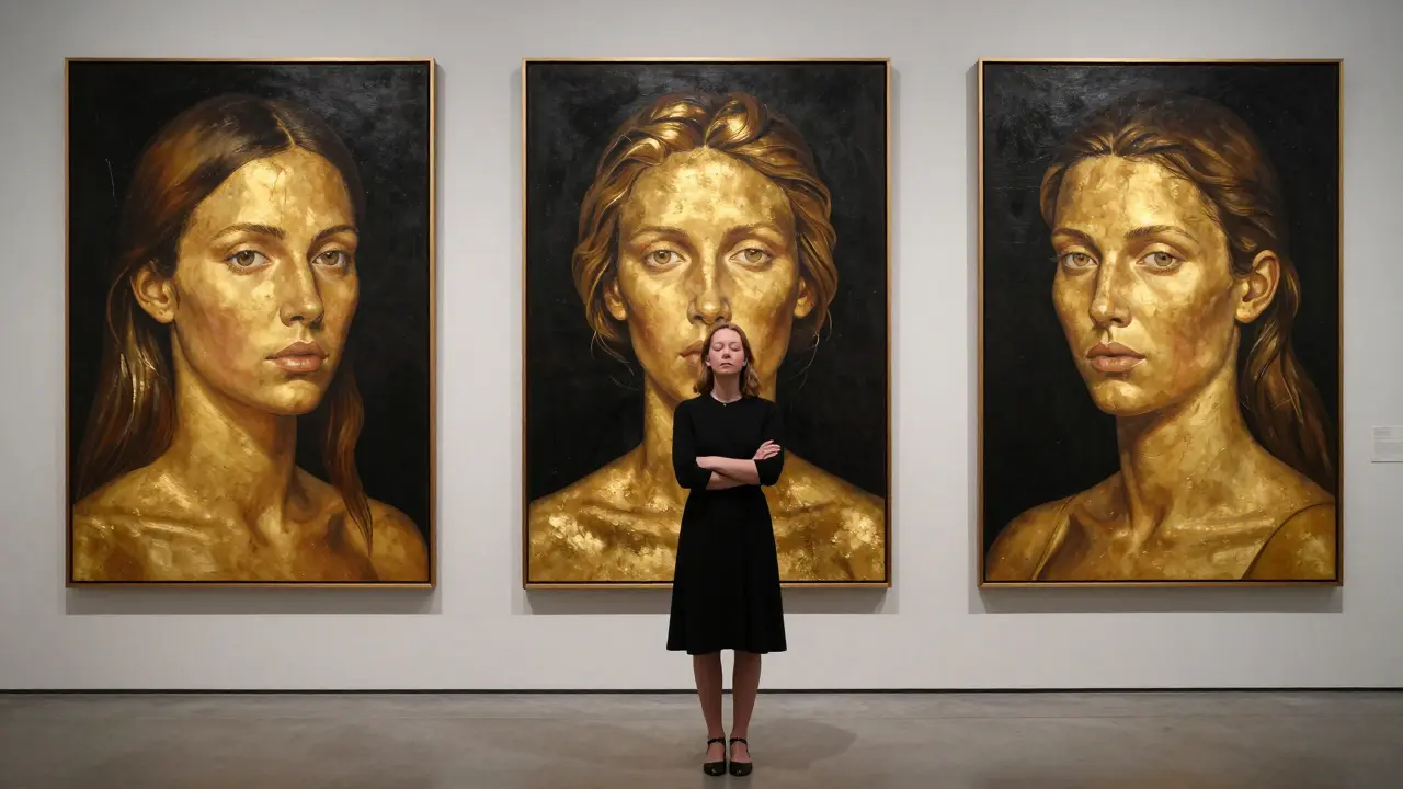 Gold-leaf portraits of individuals hang in a museum gallery, lit dramatically against dark walls, evoking reverence.