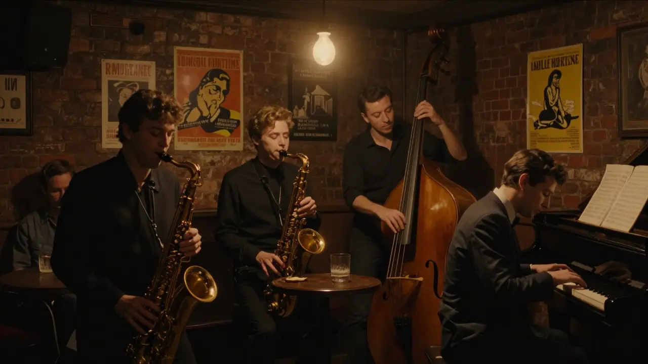 Intimate jazz club basement with musicians playing and listeners lost in the music.