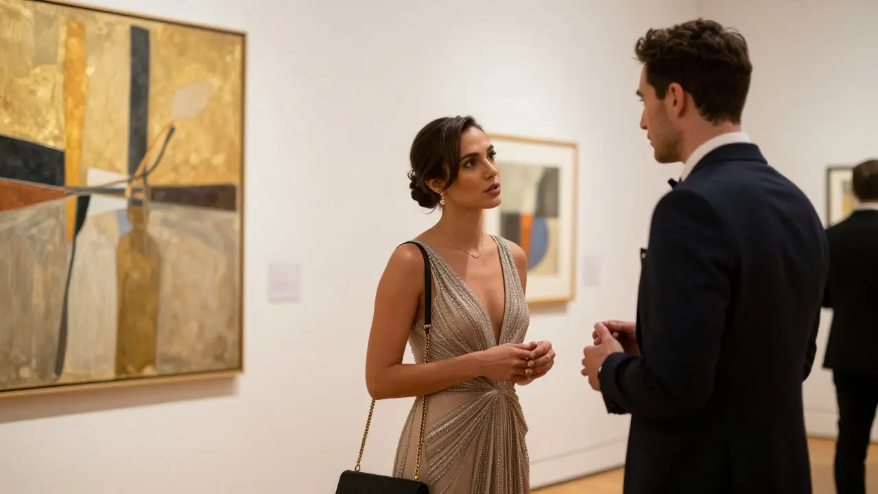 Luxury escort at art gallery event with client in elegant attire