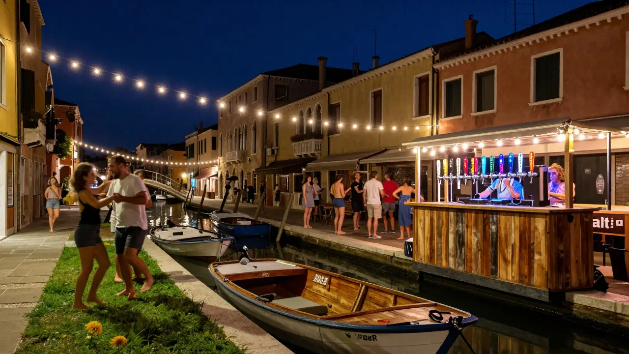 People dancing barefoot by the Navigli canals under string lights, with an open-air bar and beer taps glowing in the dark.