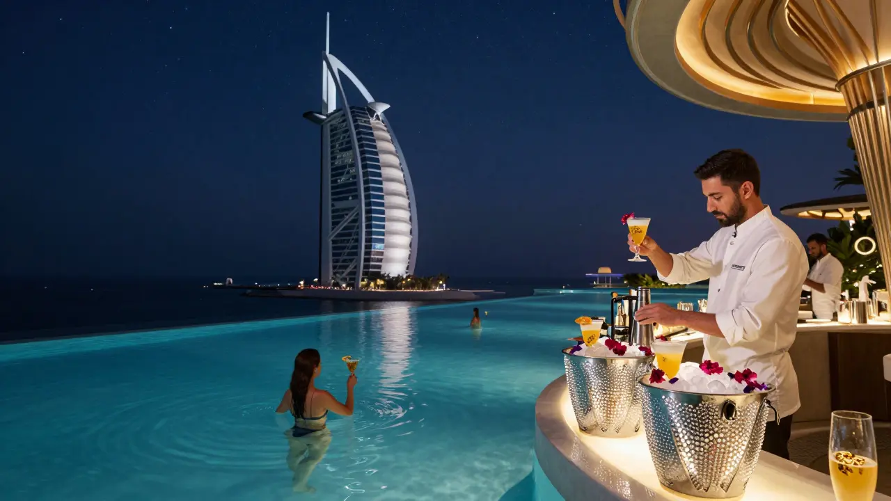 Rooftop infinity pool at night blending with the ocean, guests sipping luxury cocktails under a starry sky.