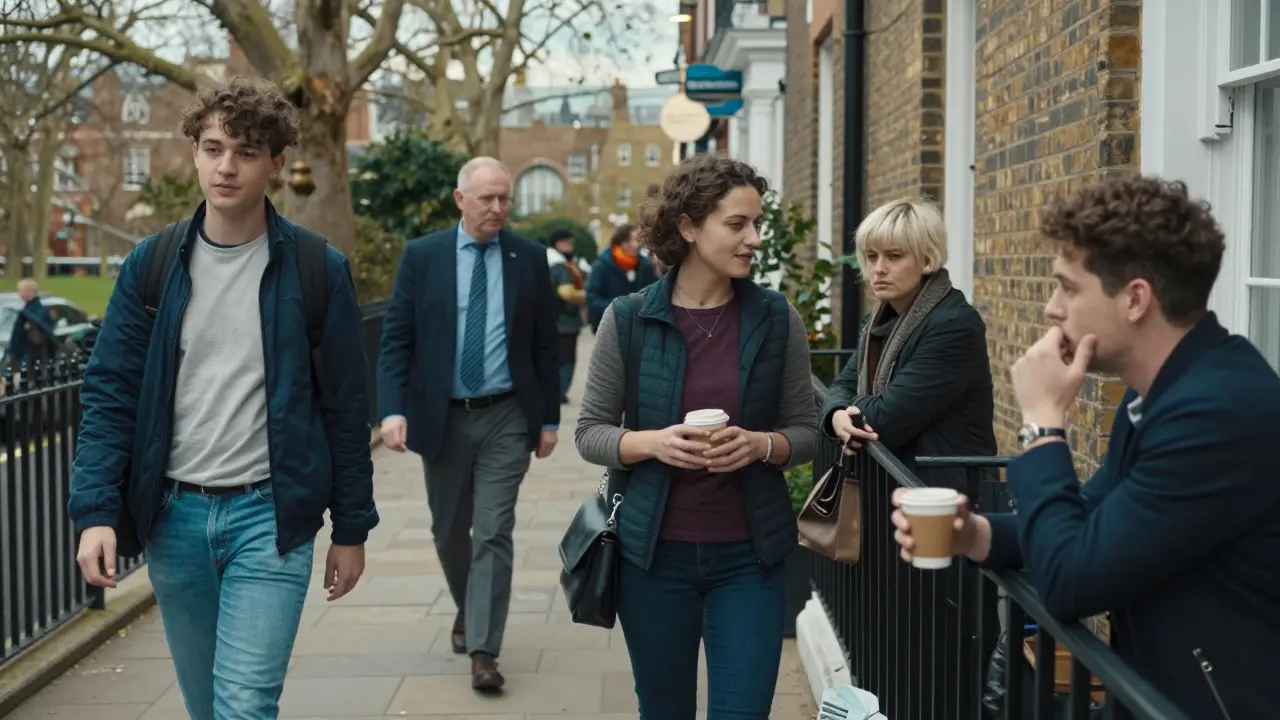 Three diverse individuals sharing quiet, non-sexual moments of companionship with clients across London's parks and cafes.