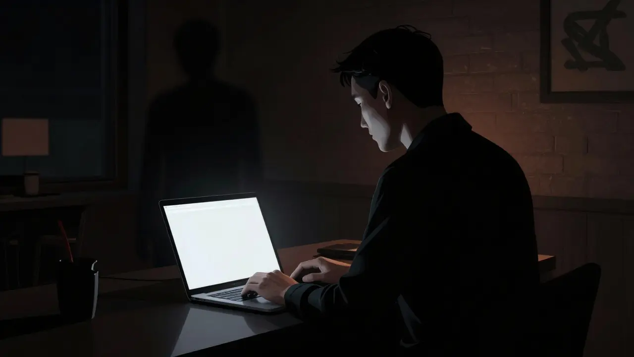 Tourist scammed by shadowy figure in dark room with laptop