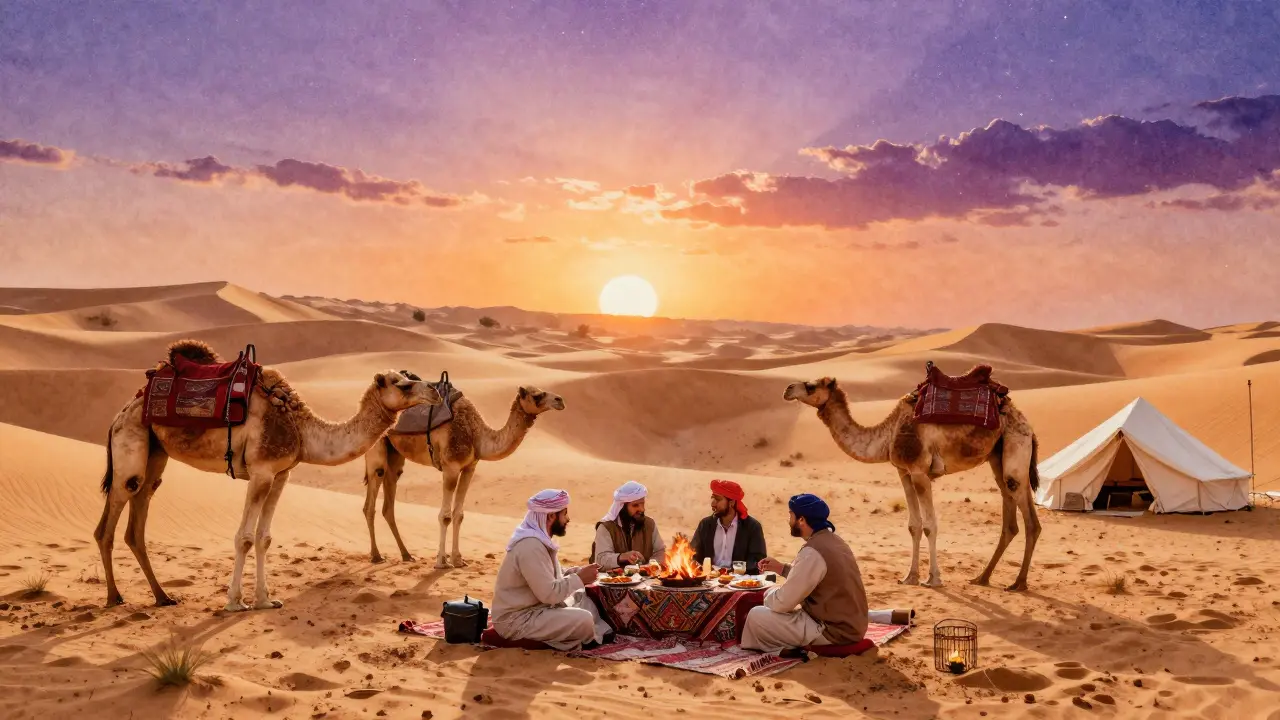 Tourists at desert safari campfire under starlit night sky
