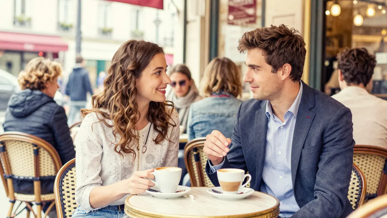 Two people drinking coffee in a busy Paris café