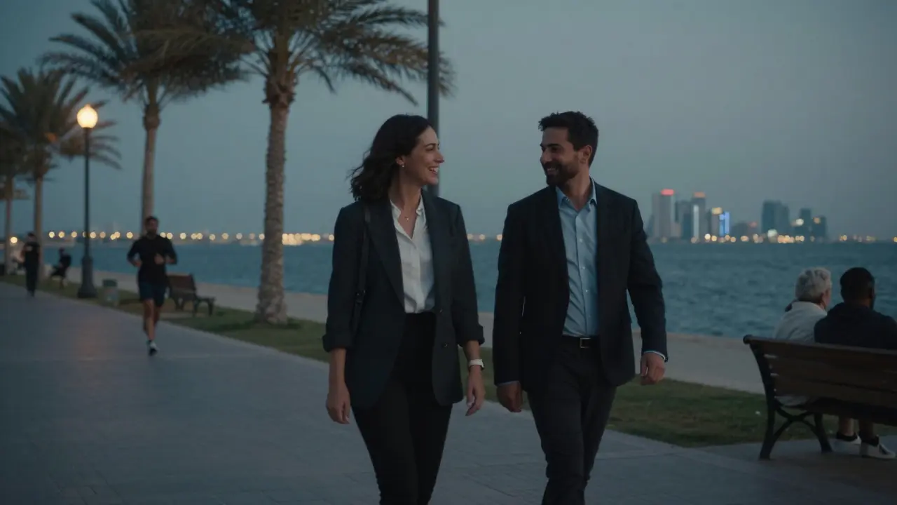 Two people walking along The Corniche at dusk, engaged in thoughtful conversation.