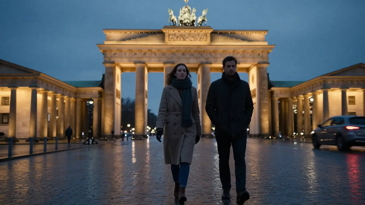 Two people walking peacefully under the glowing Brandenburg Gate at twilight.