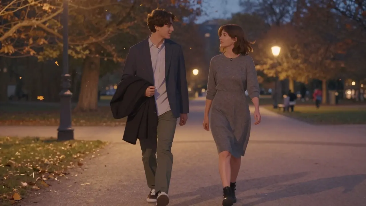 Two people walking through Tiergarten Park at dusk, sharing a quiet, unspoken moment.