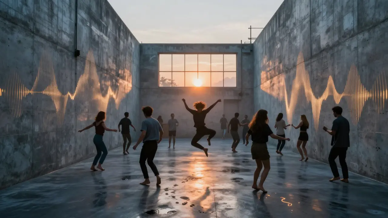 Underground warehouse club at sunrise, dancers glowing with sound waves around them.