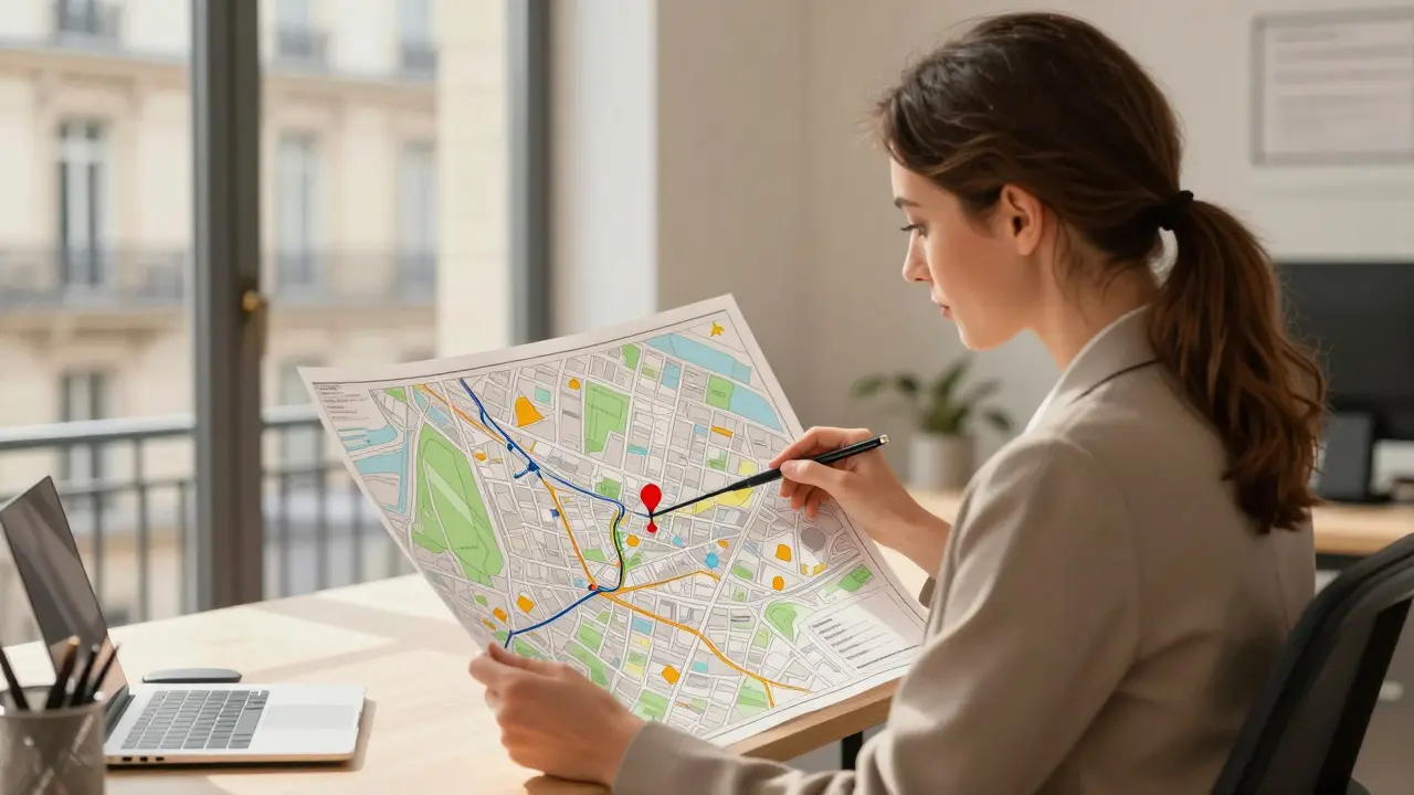 Woman reviewing Paris map with red dot for business address
