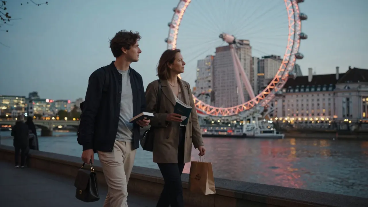 A companion and client walking along the Thames at dusk, passing the London Eye with warm glow.