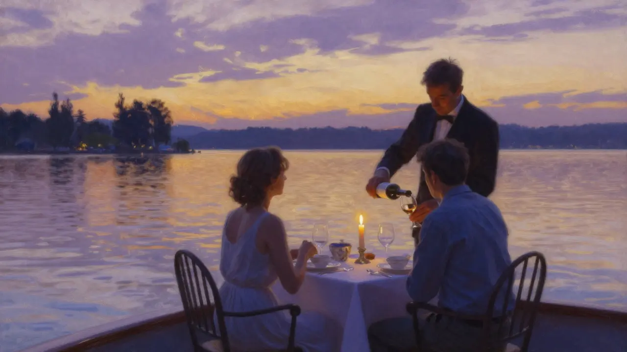 A couple shares a quiet dinner on a private yacht at sunset on Wannsee, with wine pouring in the background.