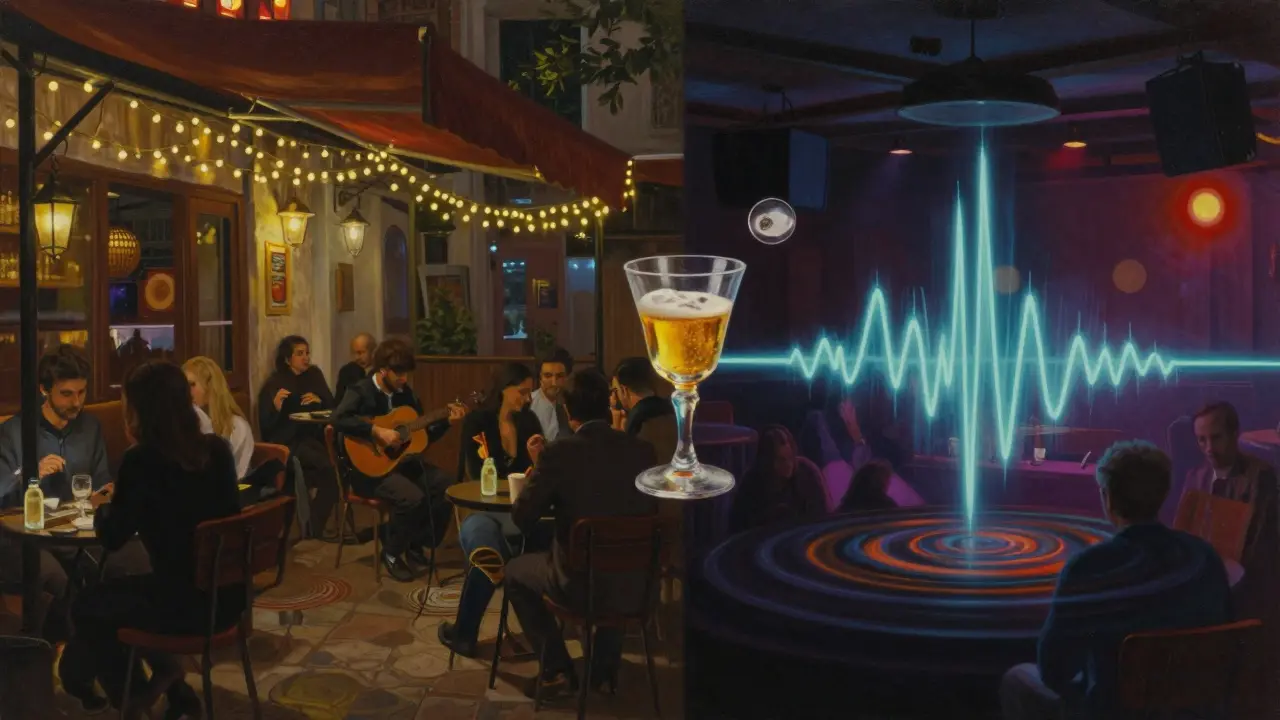 A dual scene showing a quiet cultural terrace and an underground club, symbolizing Istanbul's diverse nightlife.