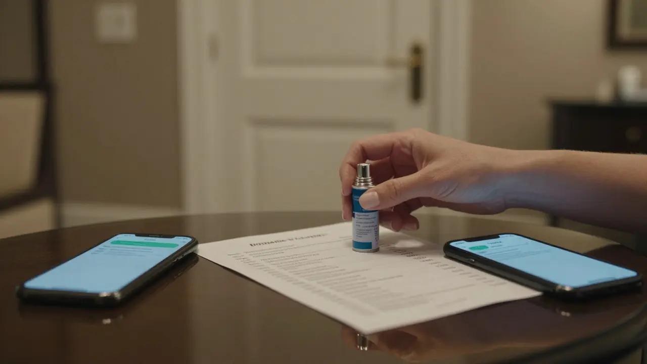 A hand placing pepper spray and printed boundaries on a hotel desk beside a smartphone displaying a secure messaging app.