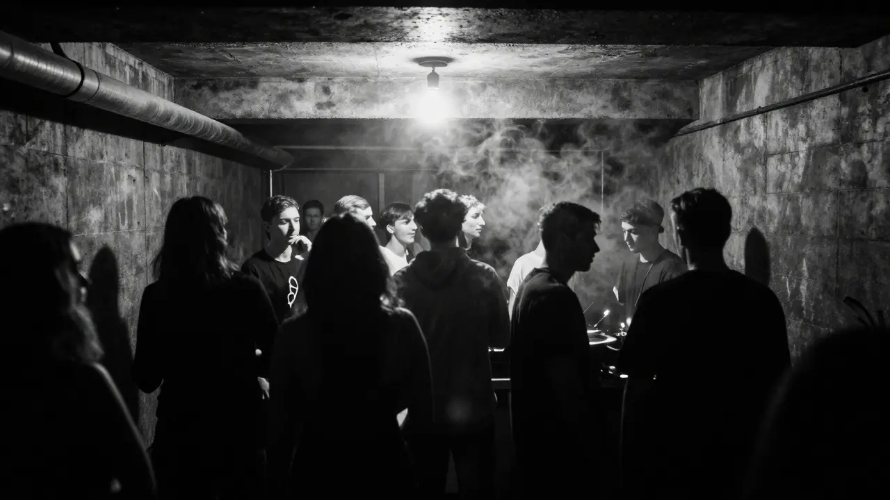 A hidden underground club with industrial lighting and silhouetted dancers lost in techno music.