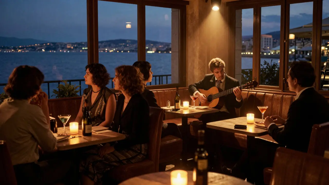 A jazz guitarist performs in dim light at Cote d'Azur Club as guests listen intently.