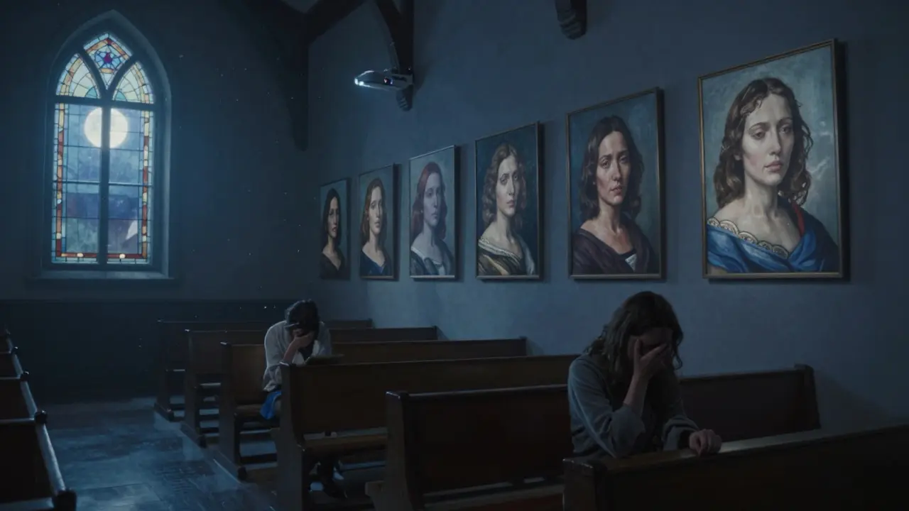 A lone woman weeps on a wooden bench in a dark church basement as a projector shows a darkening portrait on the wall.