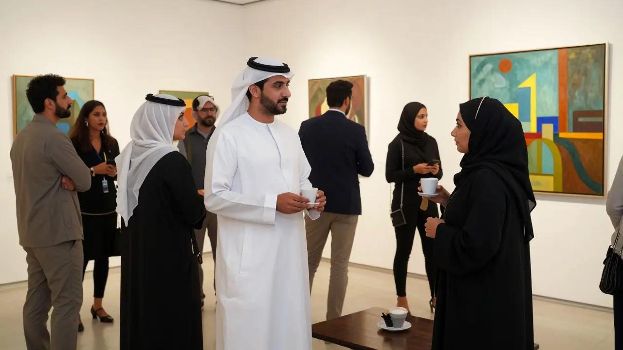 A man and woman engage in quiet conversation about art at a private gallery opening in Abu Dhabi, sipping Emirati coffee under soft gallery lights.