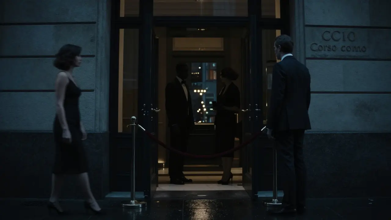 A mysterious velvet-rope entrance to an exclusive Milan nightclub with no sign, only shadowy figures.