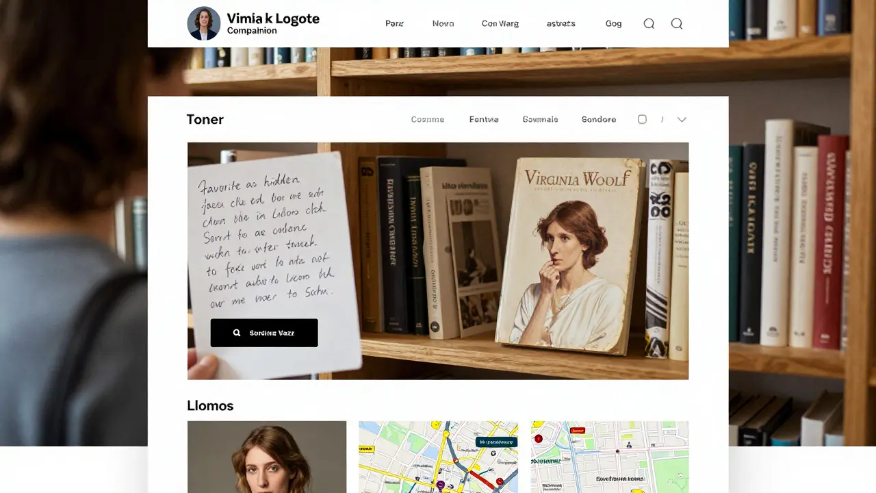 A personal companion profile with books, a map of London, and handwritten notes on a wooden shelf.