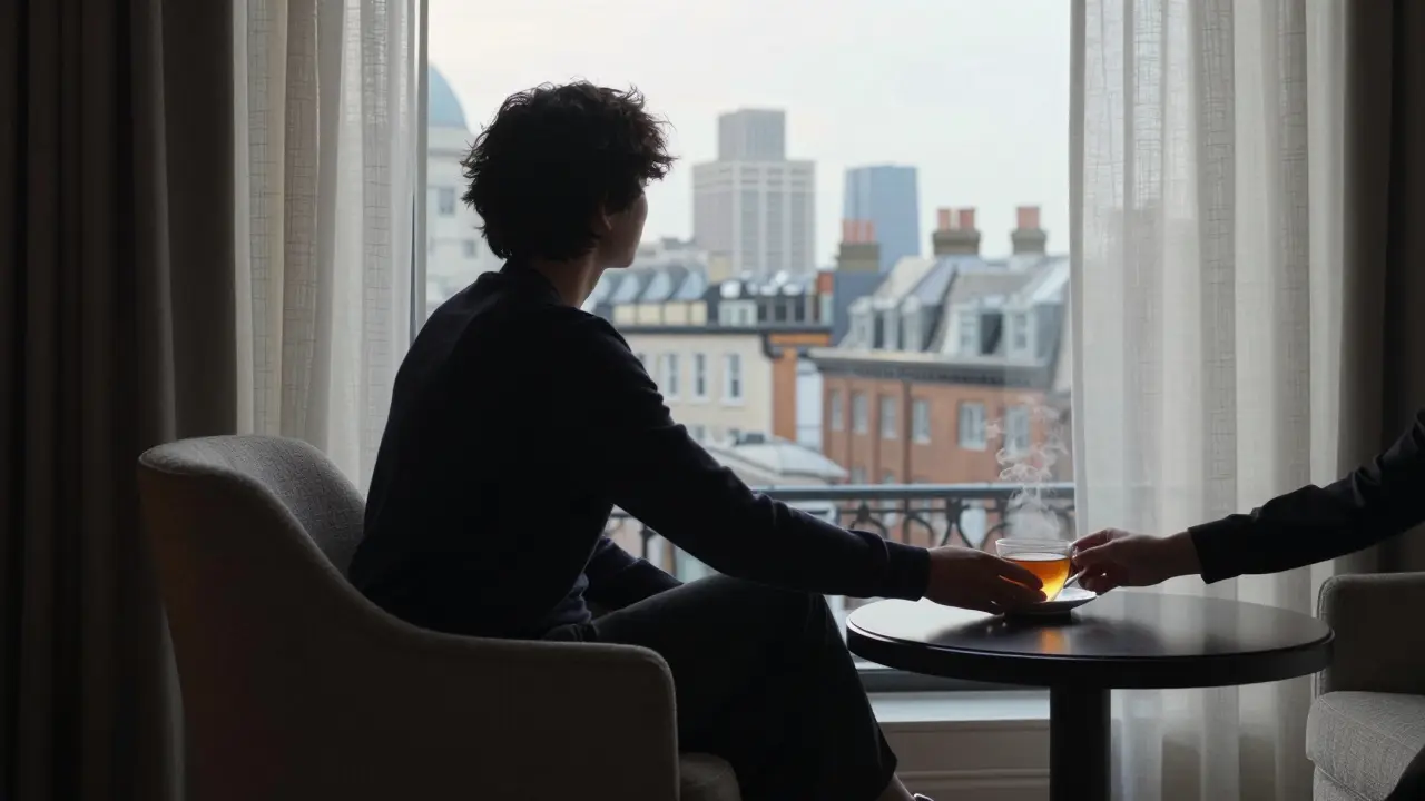 A quiet morning moment in a hotel room, with tea being offered as London awakens outside.