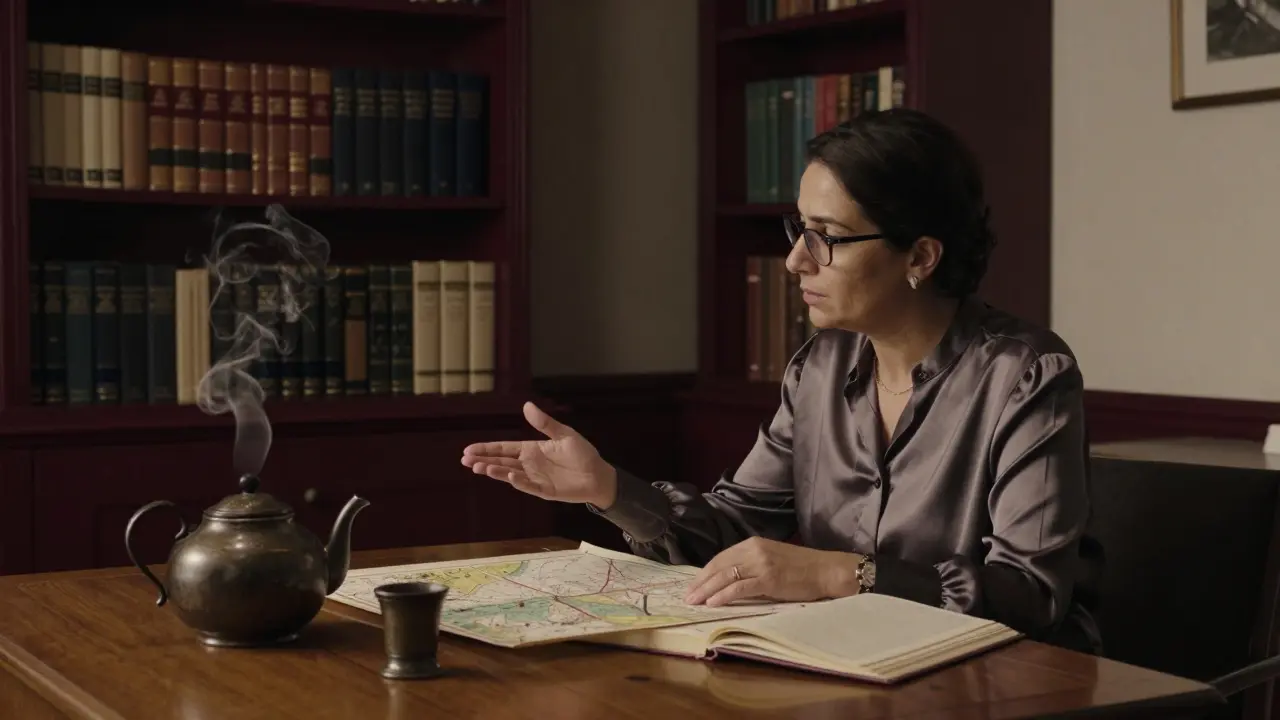 A scholarly woman discussing history with a client in a quiet, book-filled study in Abu Dhabi.