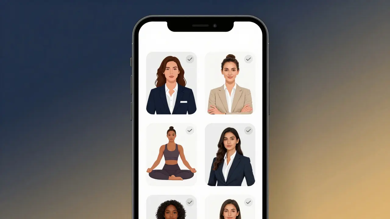 A secure app interface displays verified companion profiles with subtle trust indicators.