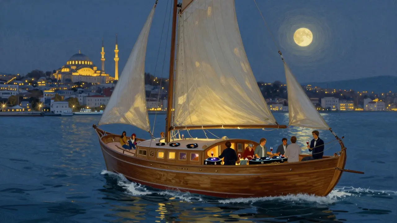 A vintage wooden yacht sailing the Bosphorus under moonlight with glowing mosques in the distance.