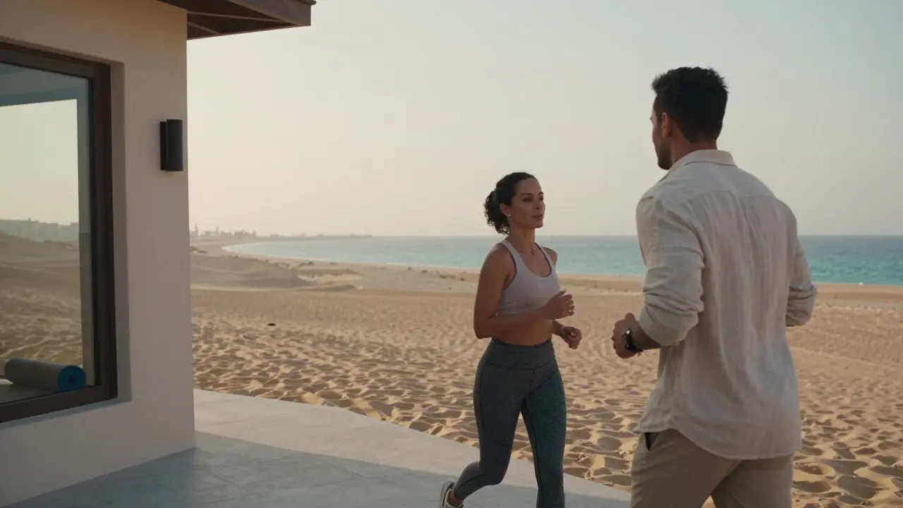 A woman jogging at sunrise along Abu Dhabi's Corniche with a companion, desert and sea in the distance.