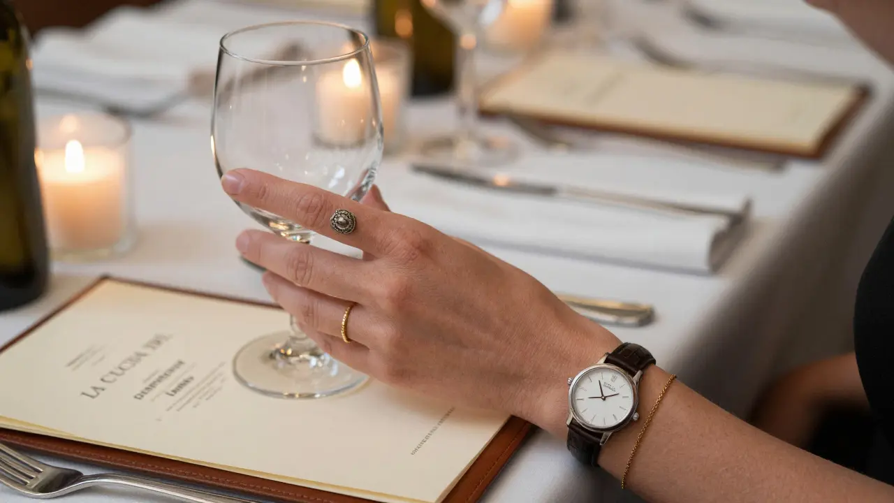 A woman’s wrist with a single gold chain and vintage brooch lifts a glass of wine in a candlelit restaurant.