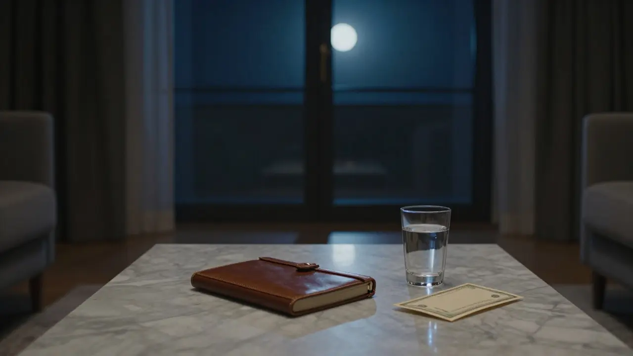 An empty luxury Milan apartment with an open notebook and cash envelope, suggesting a private meeting.