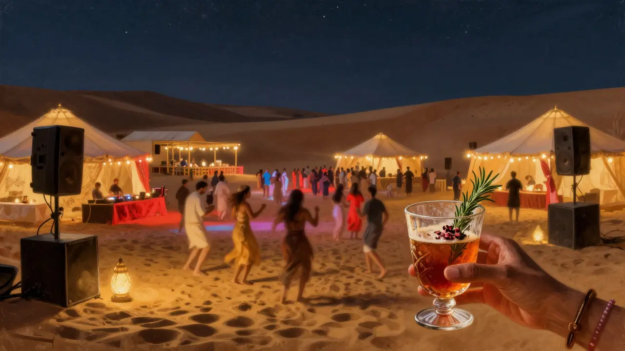 Crowd dancing at a desert rave with glowing tents and sand lit by pulsing golden and crimson lights.