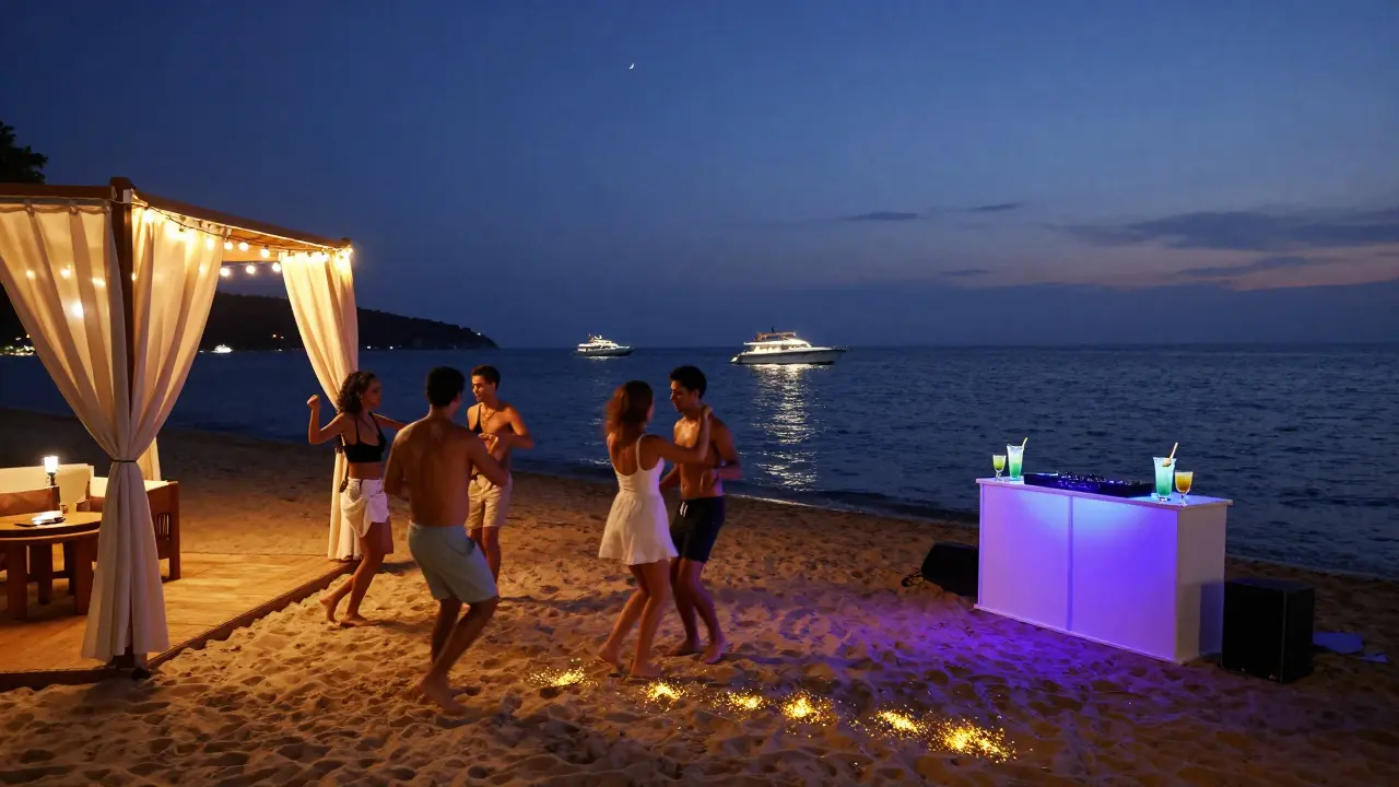 Guests dance barefoot on a beach at Plage du Portier with yachts glowing on the dark sea.
