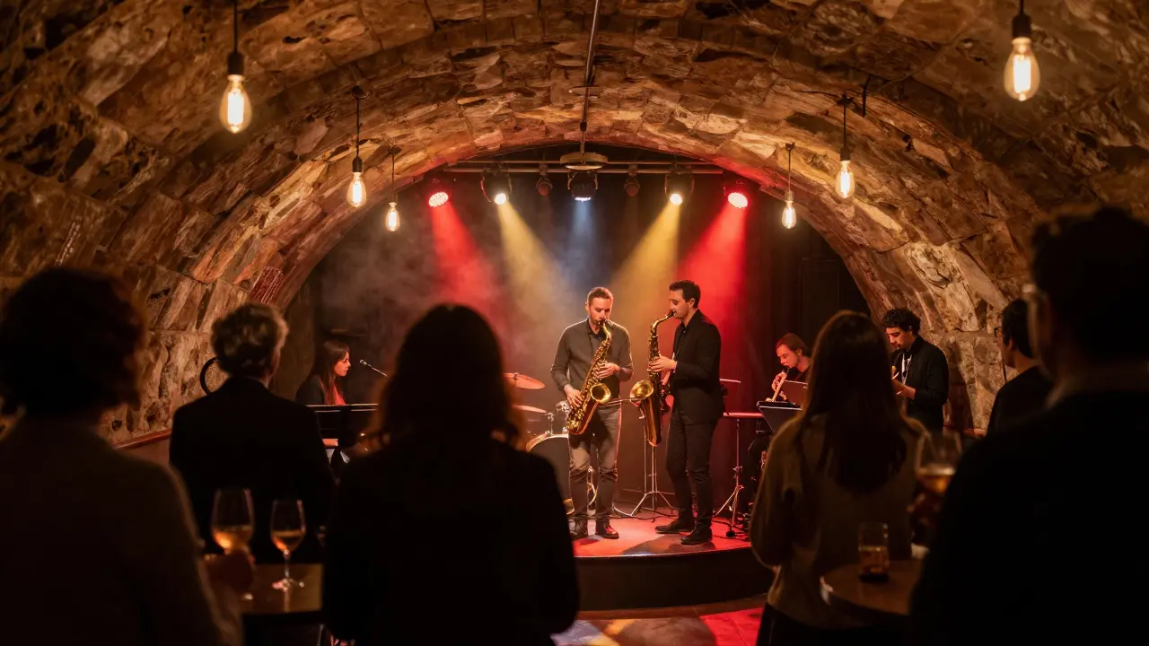 Interior view of a dimly lit underground jazz club with musicians performing.