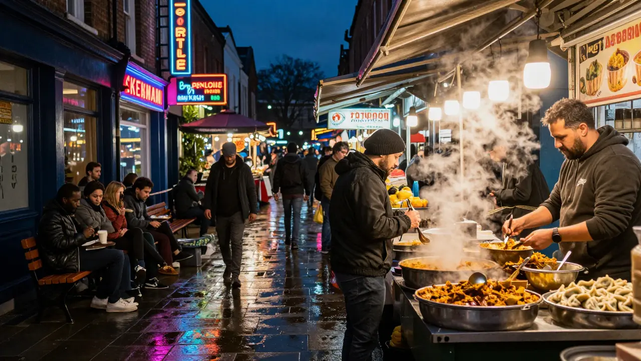 Late-night food market in Brick Lane, locals eating dumplings and curry while a street musician plays guitar.