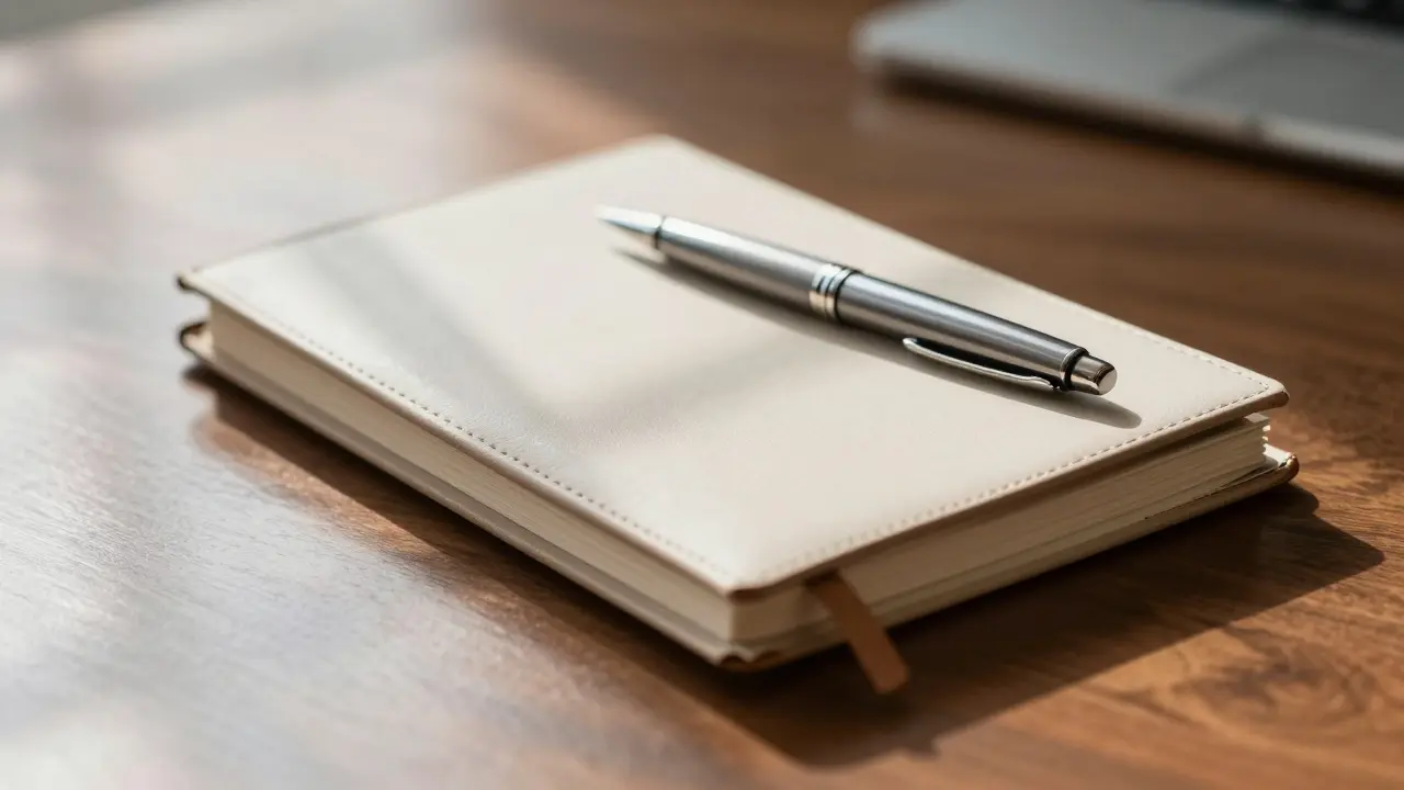 Leather notebook and pen on mahogany table with shadows