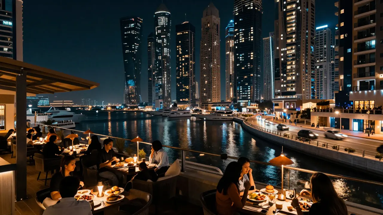 Marina walkway dining terrace with yacht views at night.