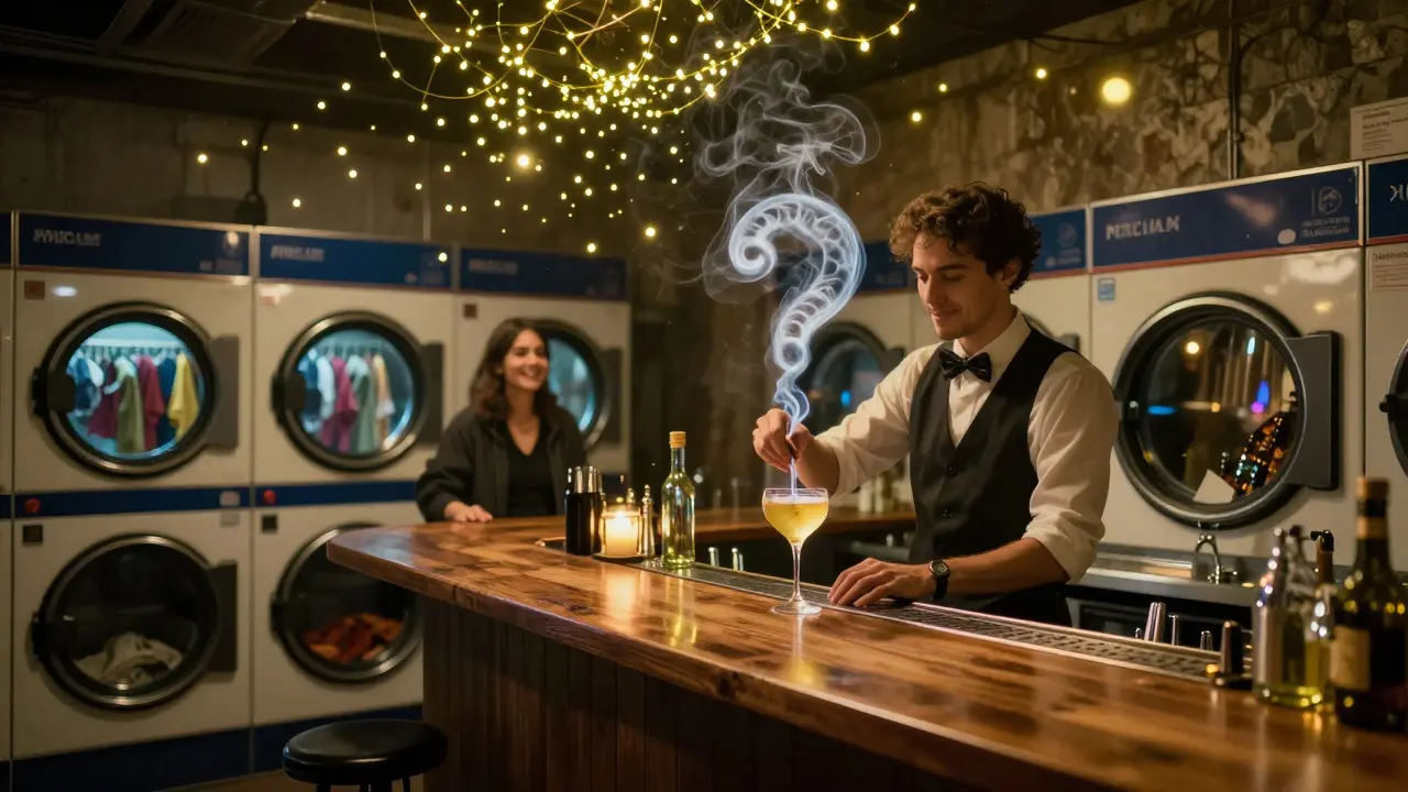 Mysterious basement bar beneath a laundromat, lit by fairy lights, bartender mixing a unique cocktail as smoke curls into the shape of a question mark.