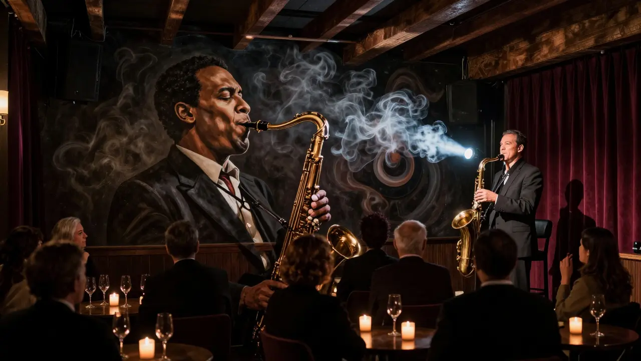 Patrons in a jazz club sit in silence as a mural of smoke rising from a saxophone fills the wall behind the stage.